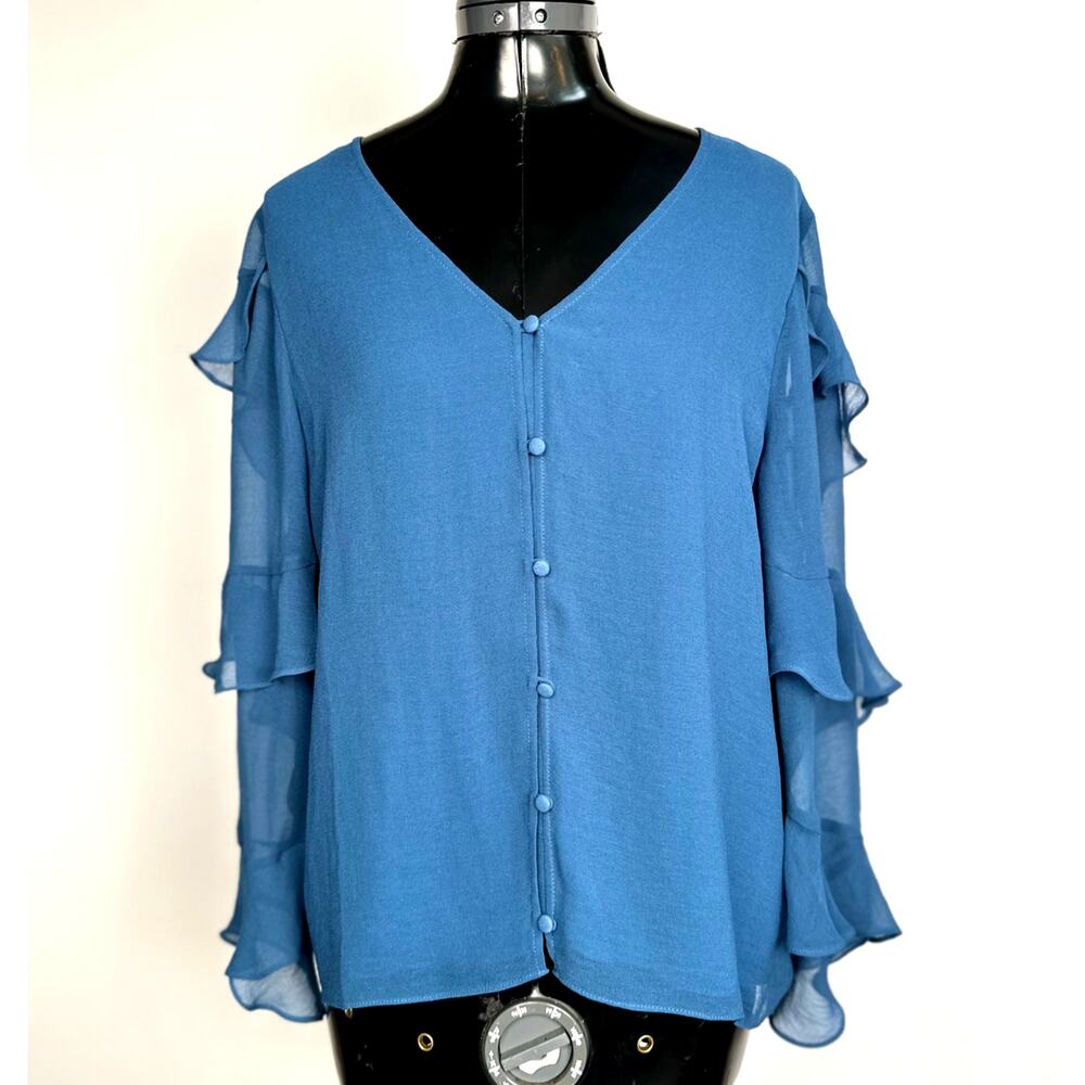 Vince Camuto NWT Blue Tiered Ruffle Sleeve Button Front Blouse Size M